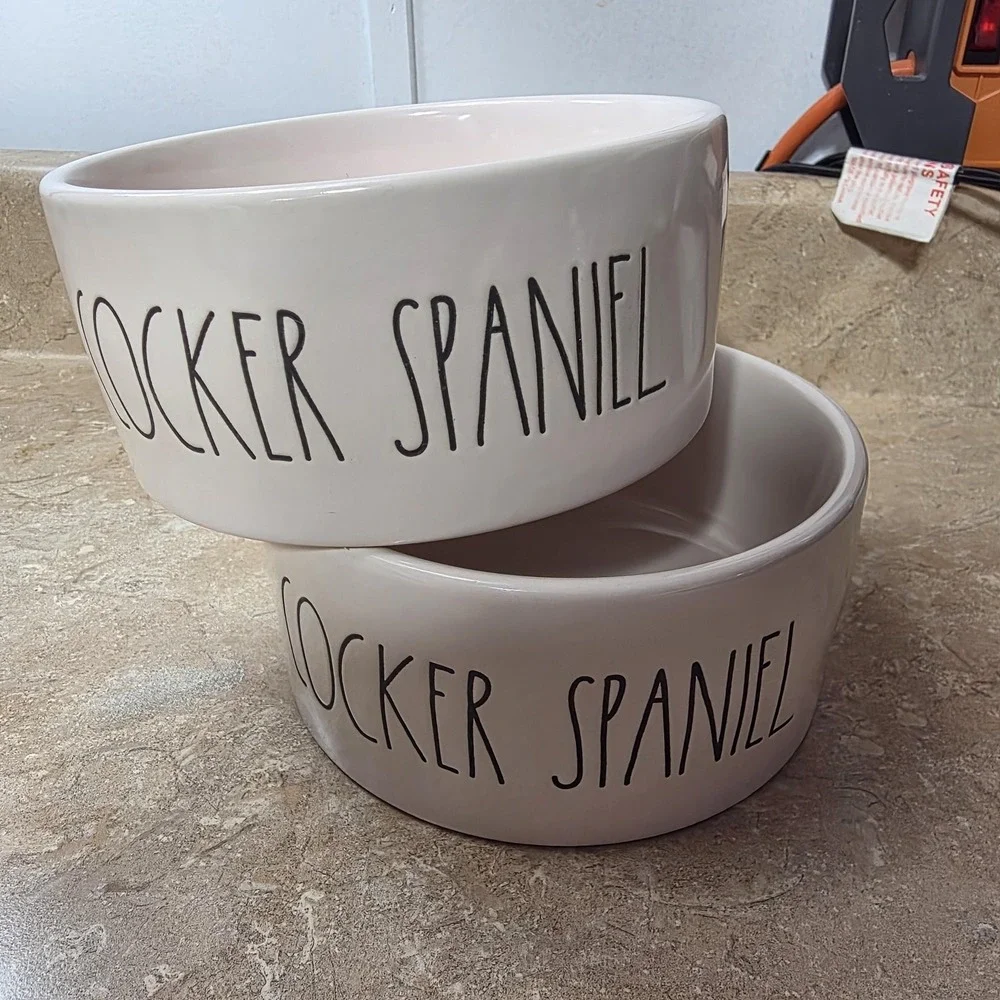 Rae Dunn Cocker Spaniel Pet Dog Bowls‎ Set Of 2 Stoneware White Dishwasher Safe
